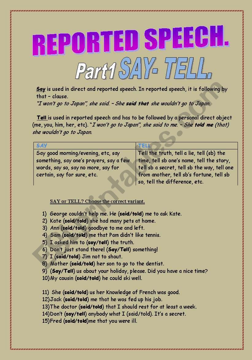 SAY or TELL worksheet