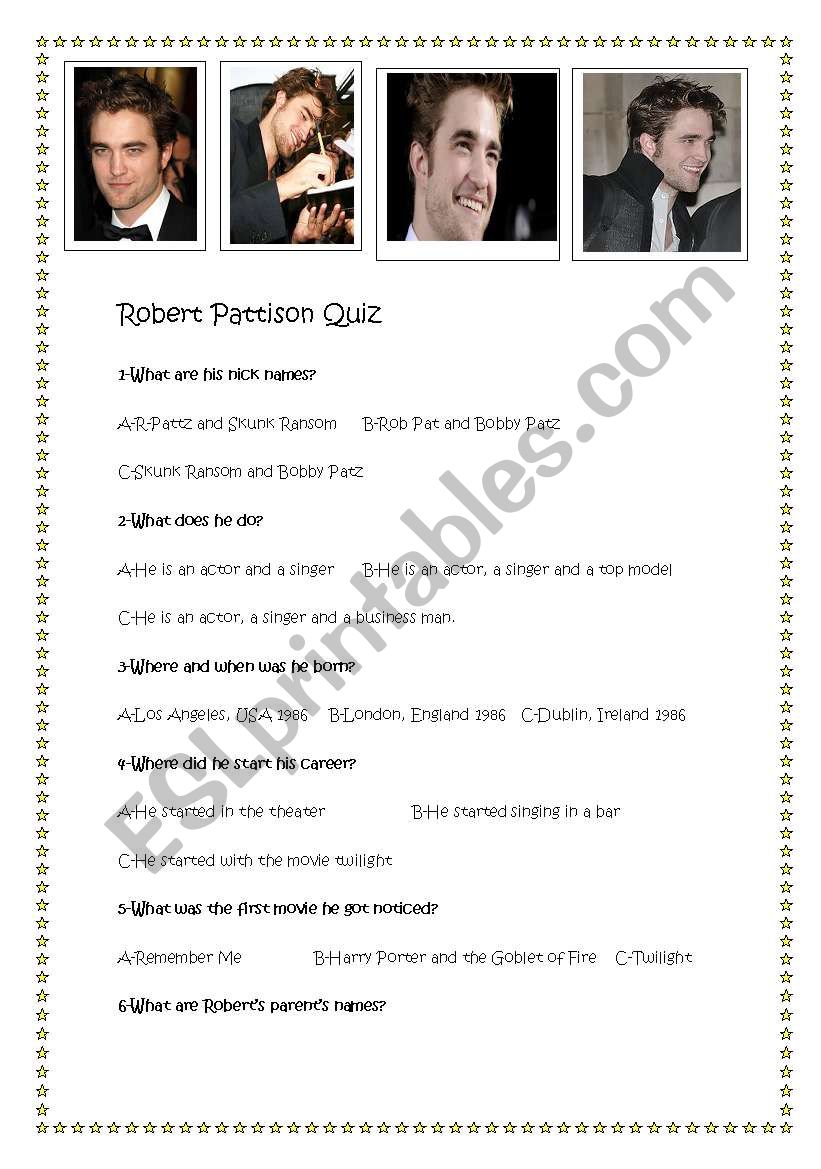 Robert Pattison Quiz worksheet