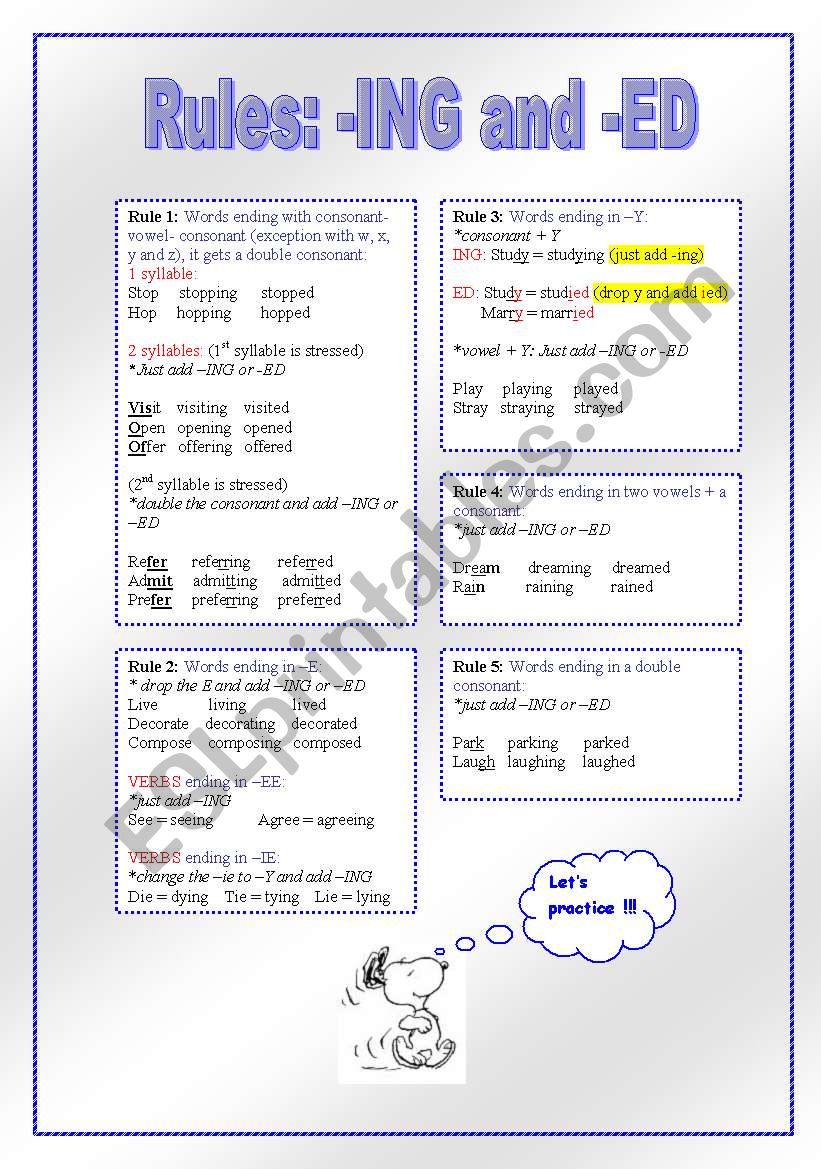RULES: -ING and -ED worksheet