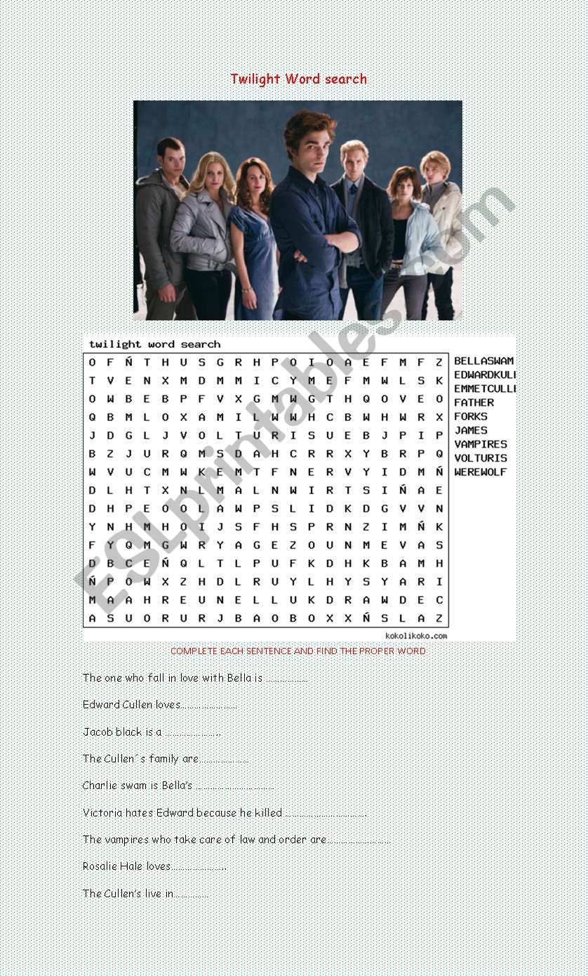 twilight word search worksheet