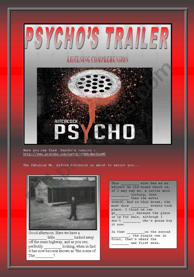 HITCHCOCKÂ´S PSYCHO (2/5) Trailer - Listening Comprehension (4 pages + keys) 