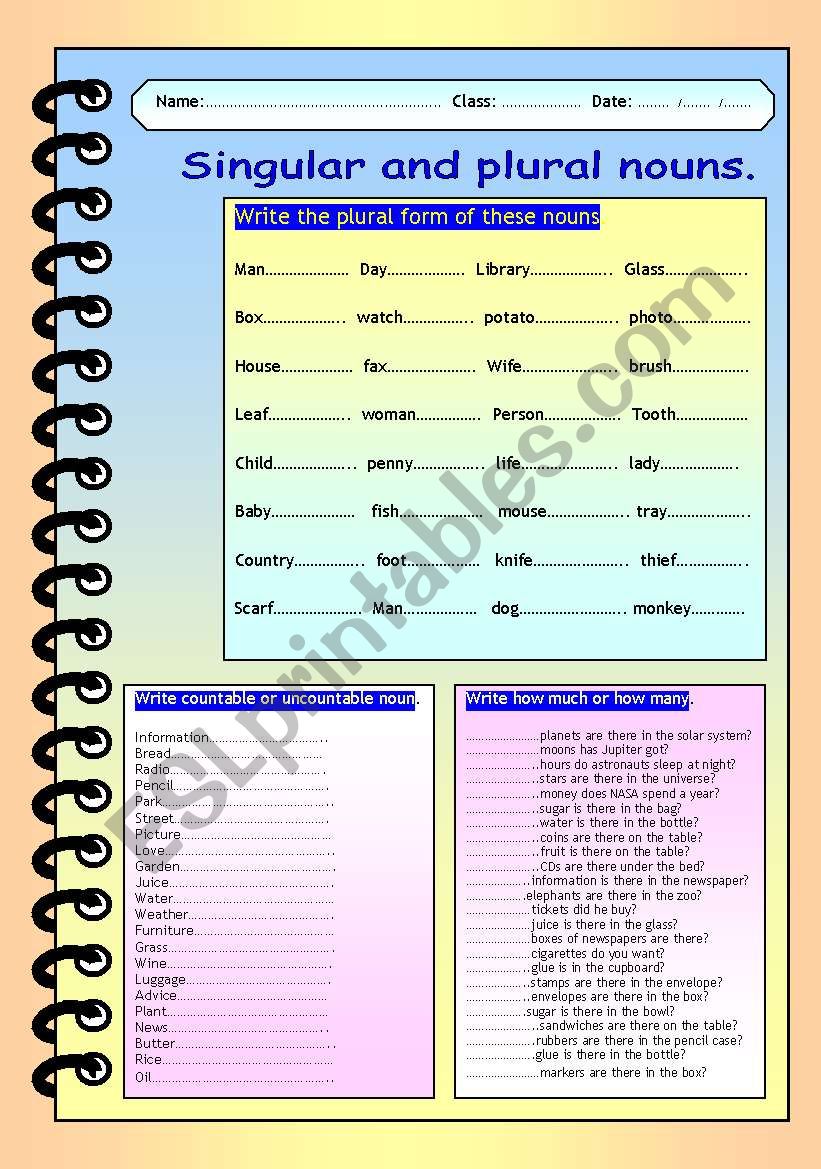 singular, plural, countable and uncountable nouns.