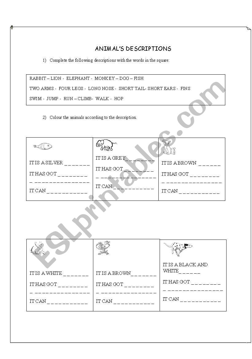 ANIMALS DESCRIPTIONS worksheet