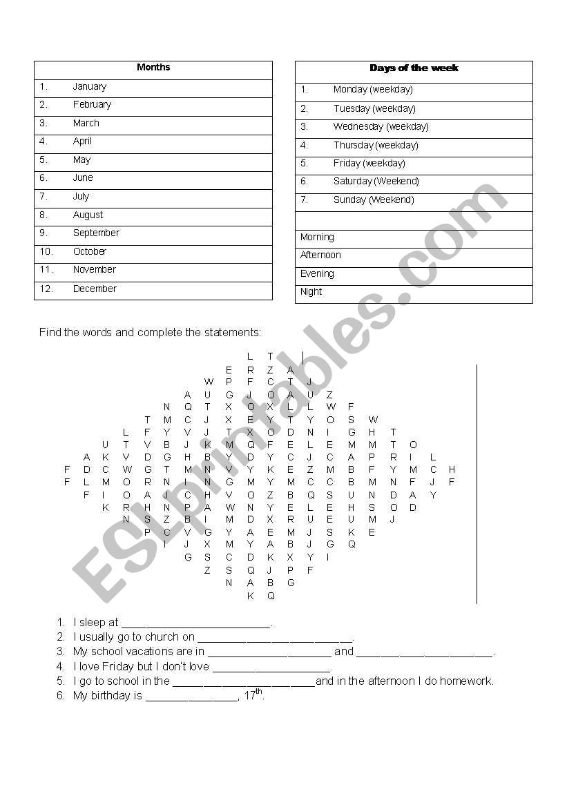 months and days of the week worksheet