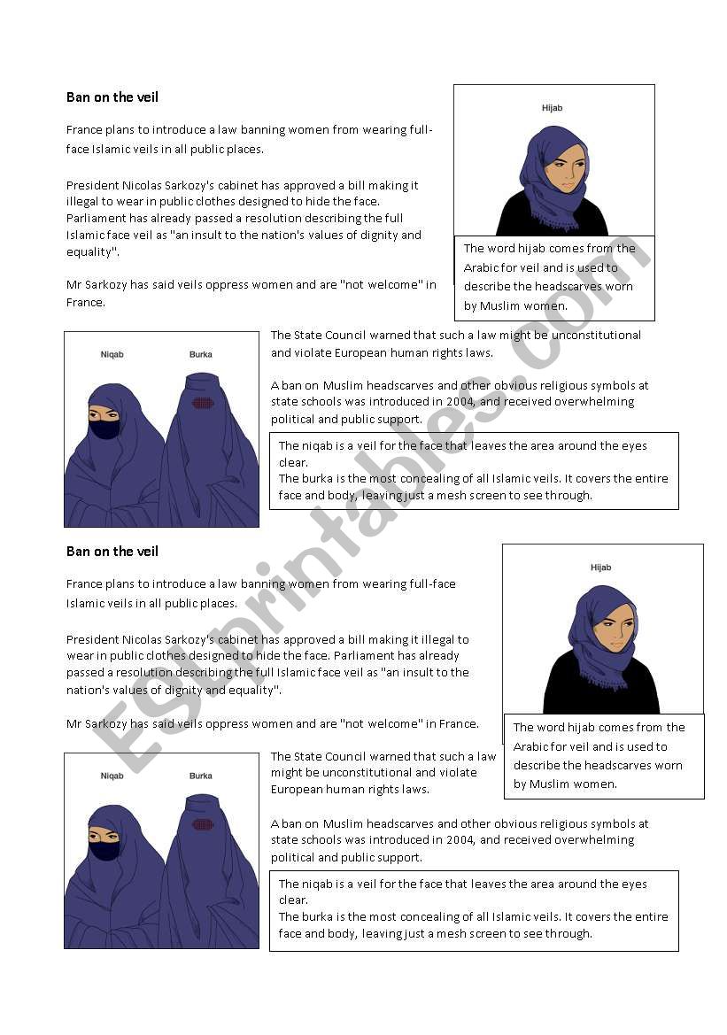 Class debate: Ban on the Veil worksheet