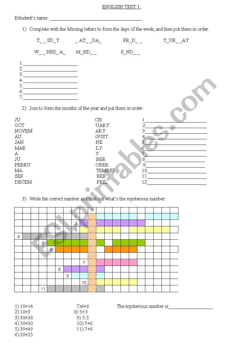 days,months,numbers,colours worksheet