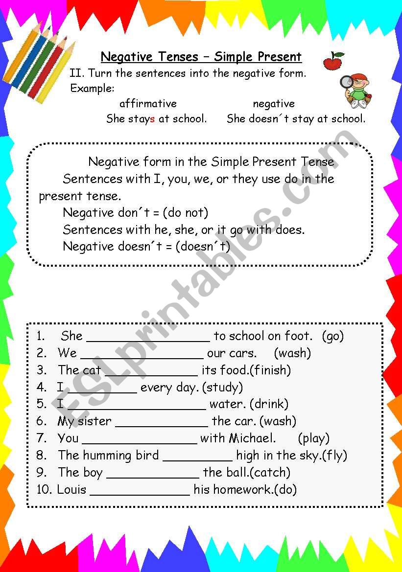 negative form simple present worksheet