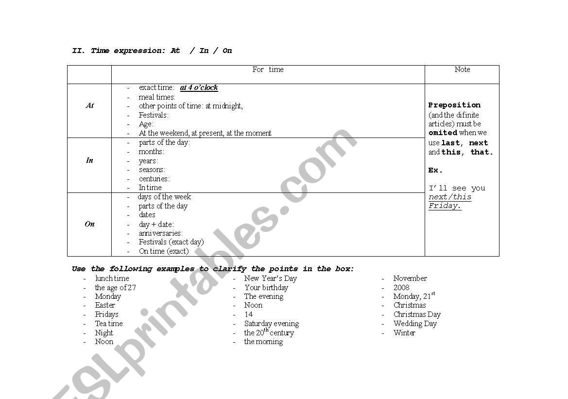 Ex. on preposition worksheet