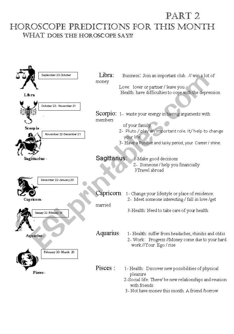 Horoscope predictions part 2 worksheet