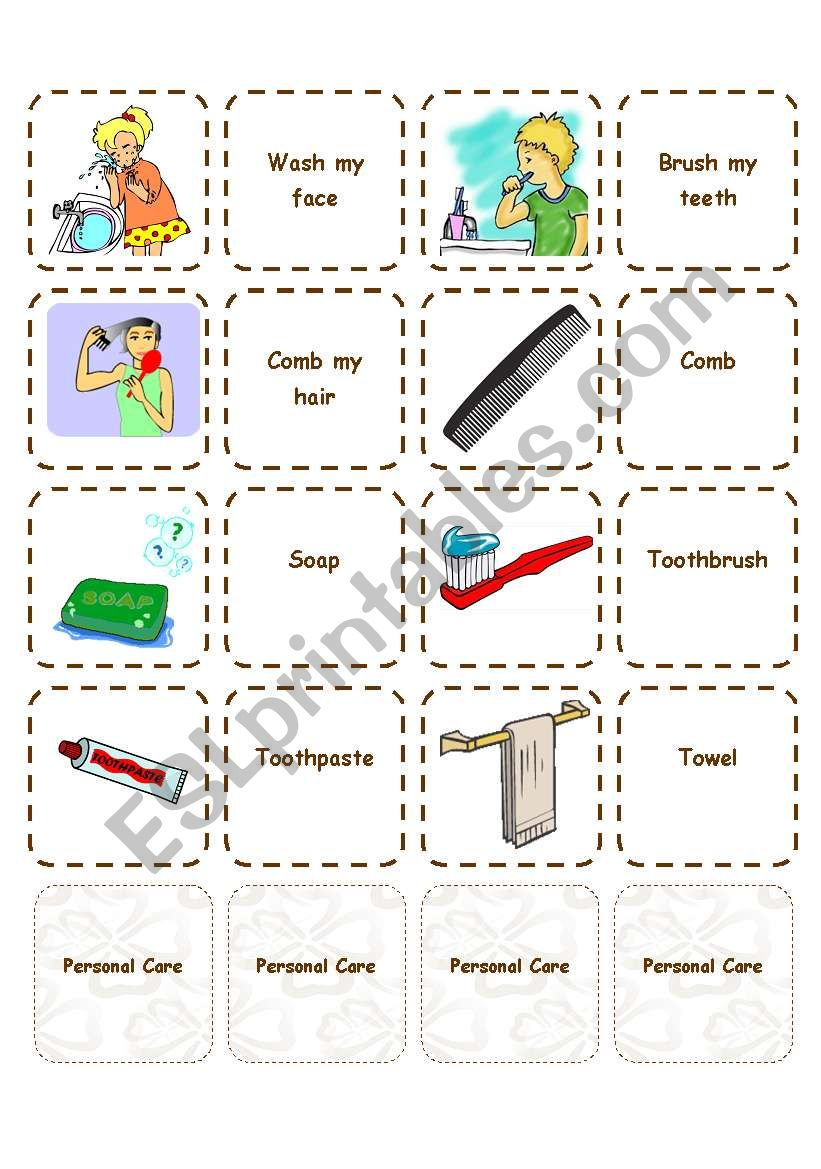 Personal Care - Memory game worksheet
