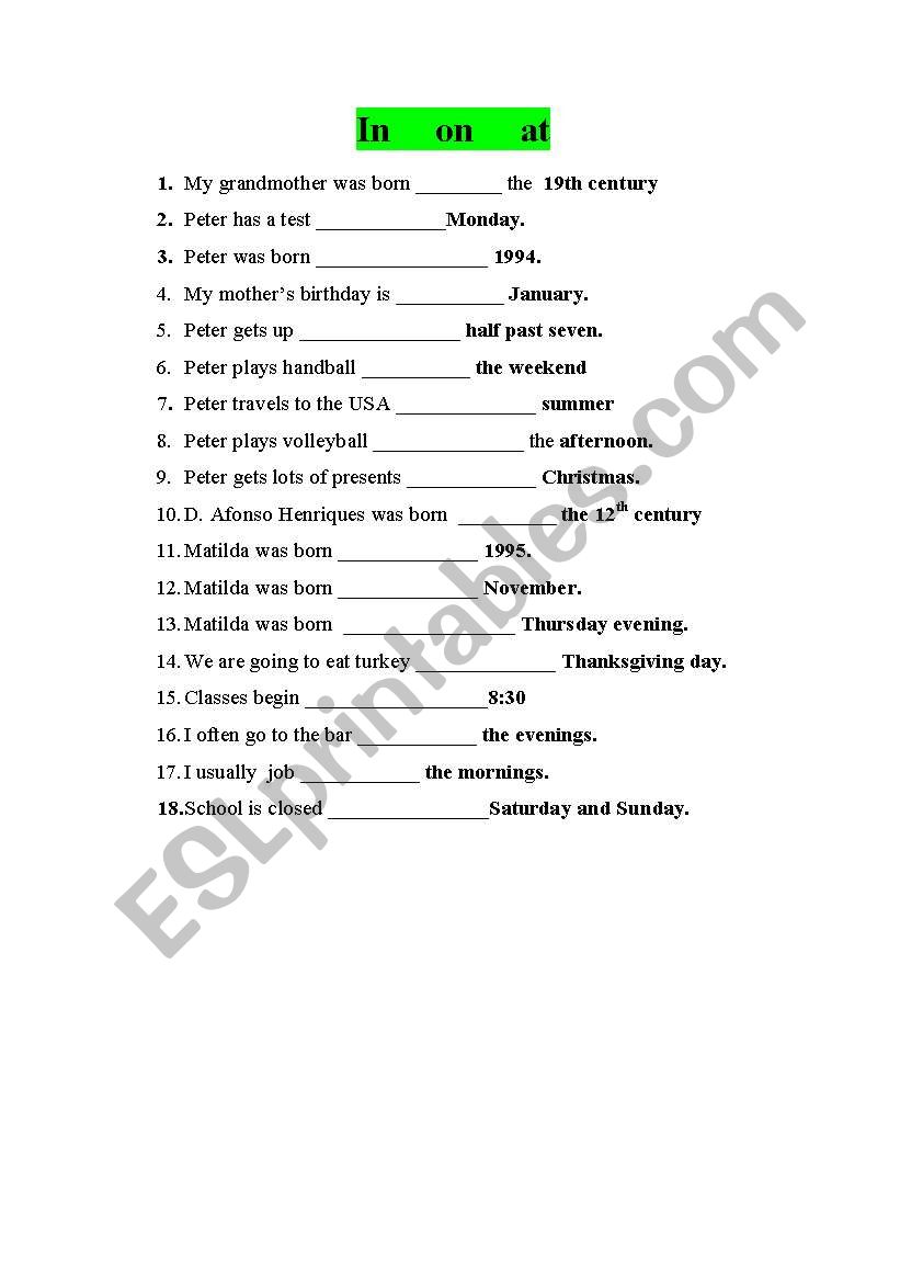 prepositions of time worksheet