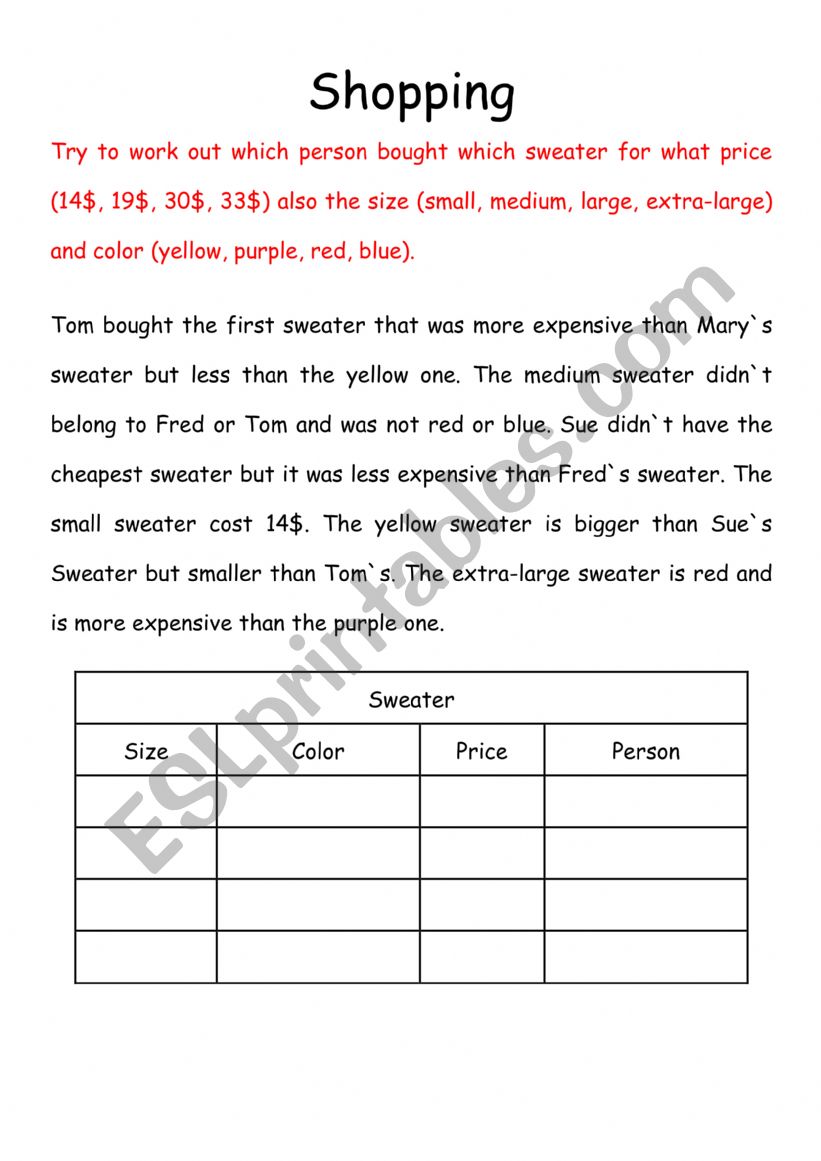 Shopping Logic Puzzle worksheet