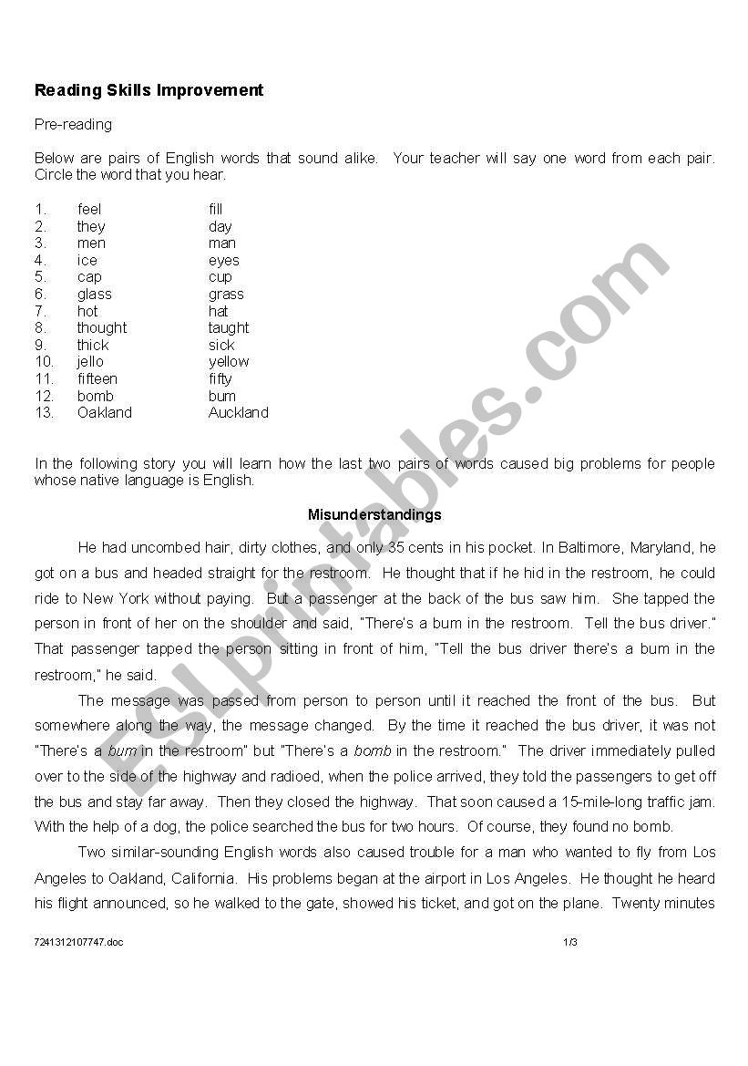 Misunderstandings worksheet