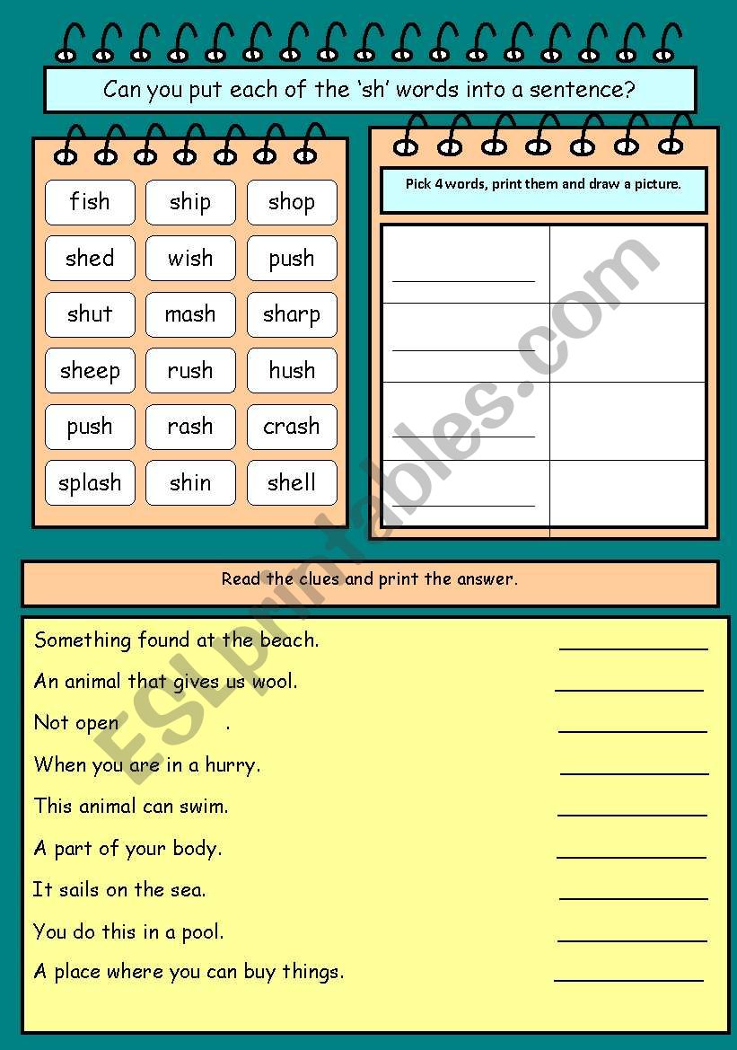 Working with sh words worksheet