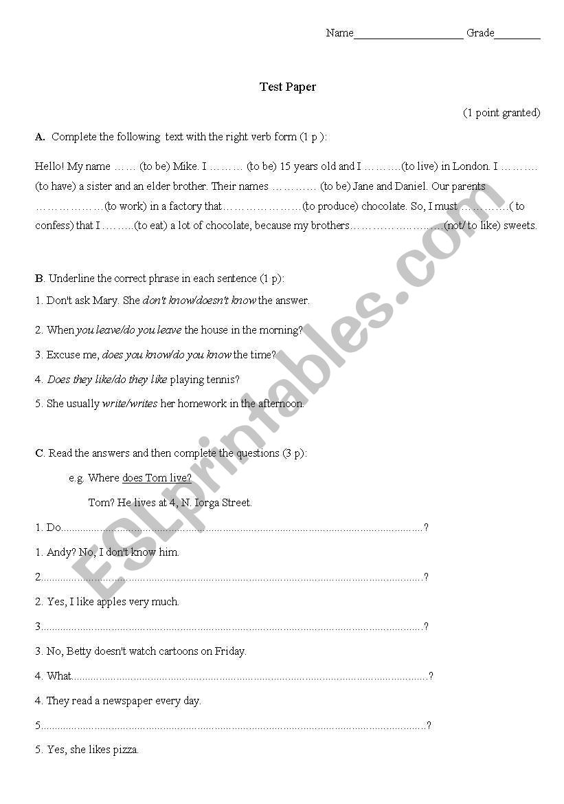 Present Simple - Test  Paper worksheet