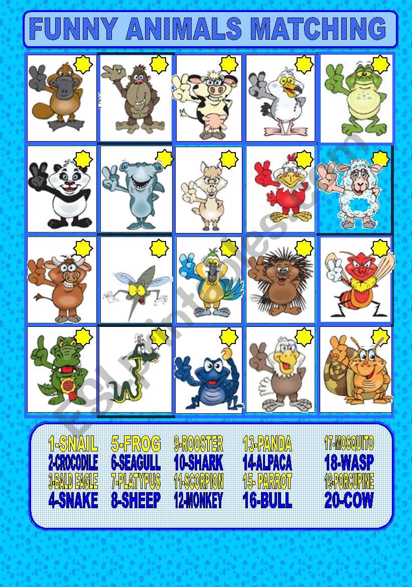 Funny animals matching worksheet