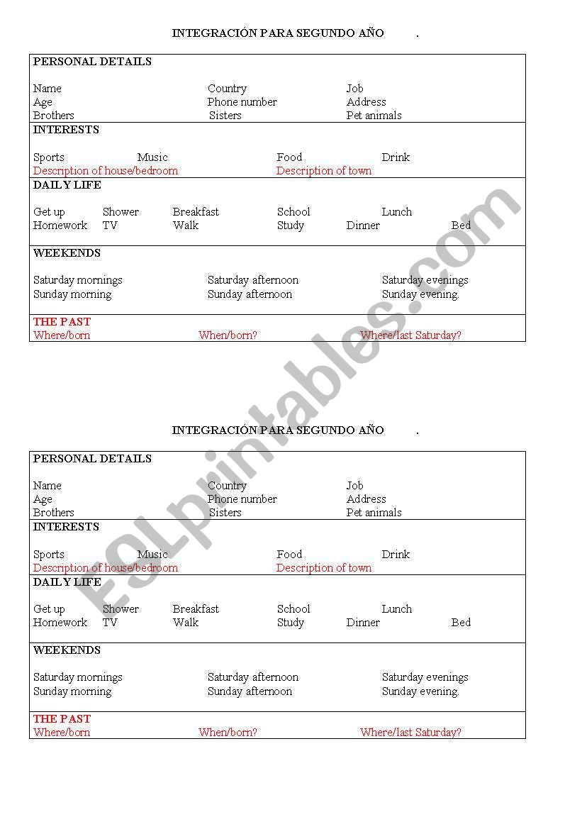 Personal questions worksheet