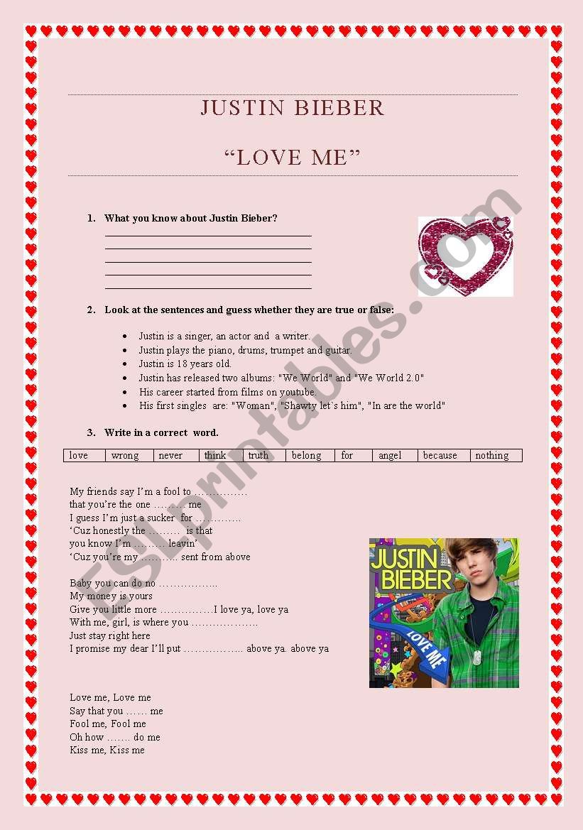 JUSTIN BIEBER love me worksheet