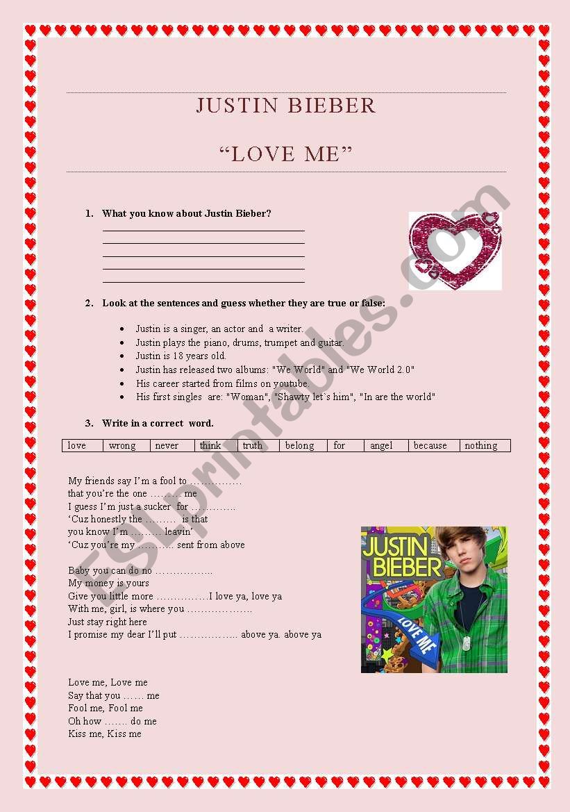 JUSTIN BIEBER Â´love meÂ´ worksheet