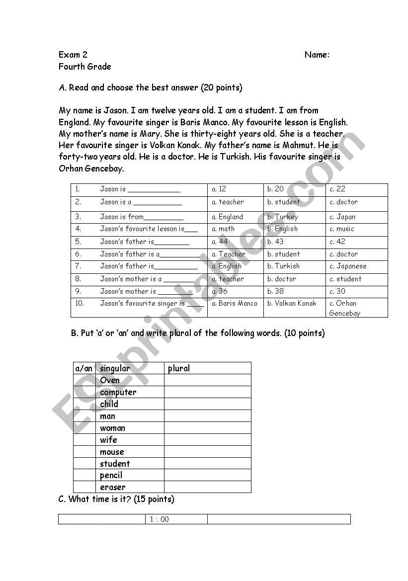 exam for 4th grade worksheet