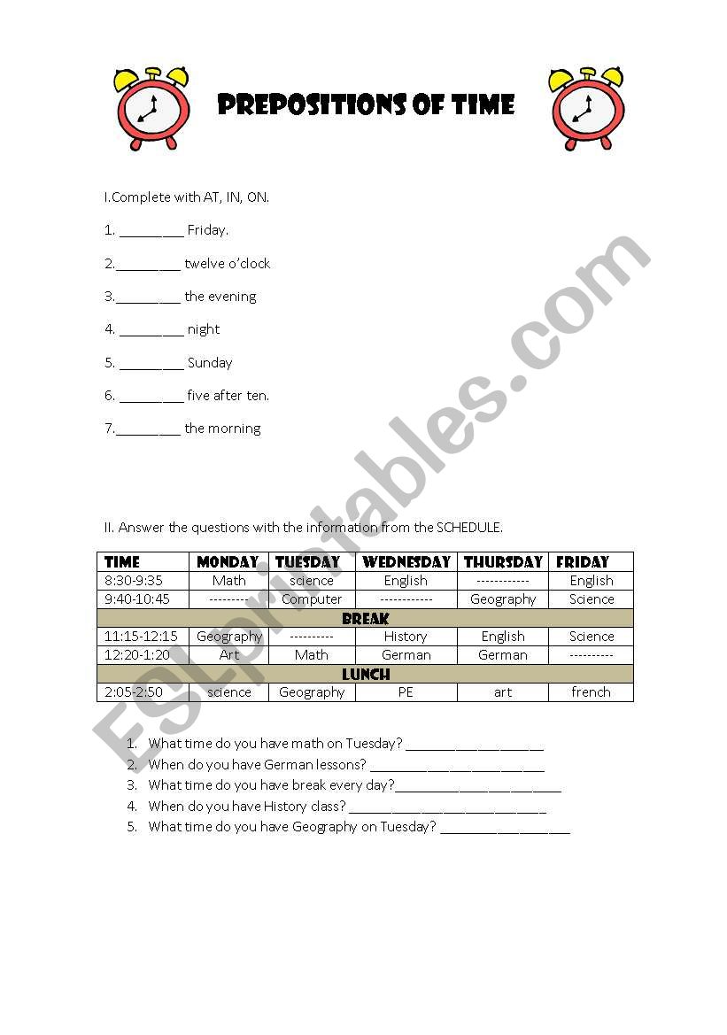 prepositions of time worksheet