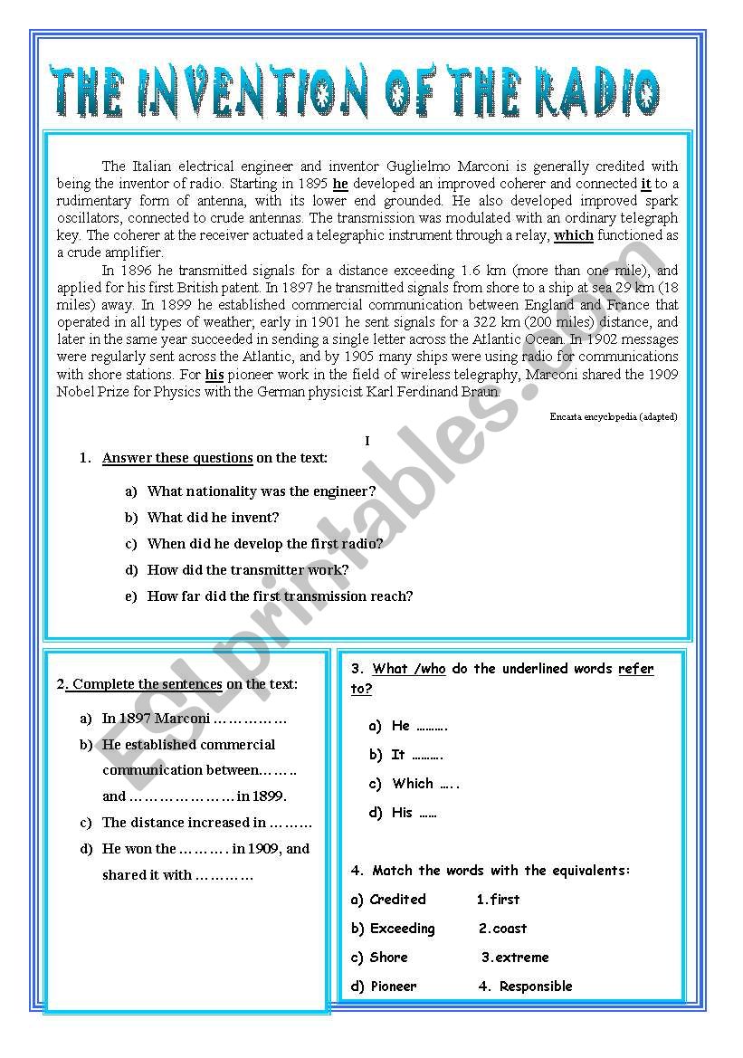 INVENTION OF THE RADIO worksheet