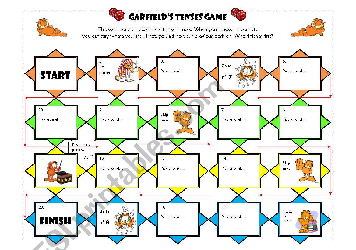 Garfields tenses game worksheet