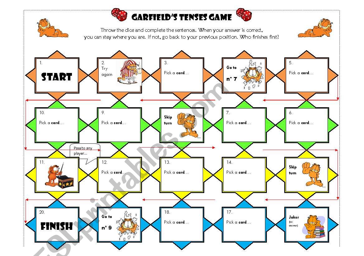 GarfieldÂ´s tenses game worksheet