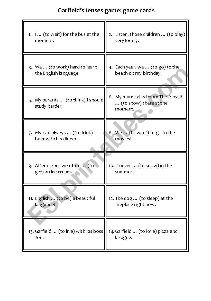 Garfields tenses game - game cards