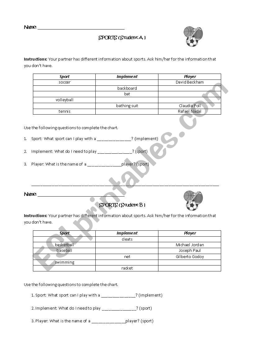 Sports worksheet