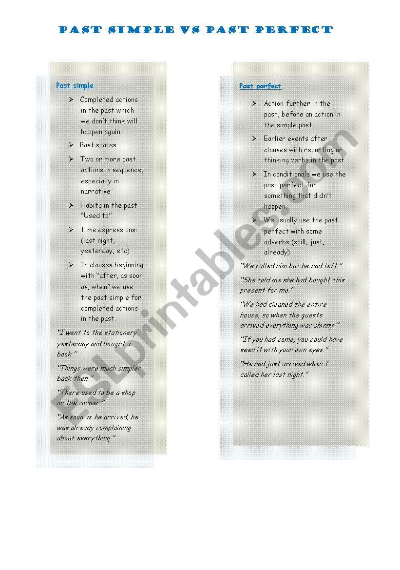 Past Simple vs Past Perfect worksheet