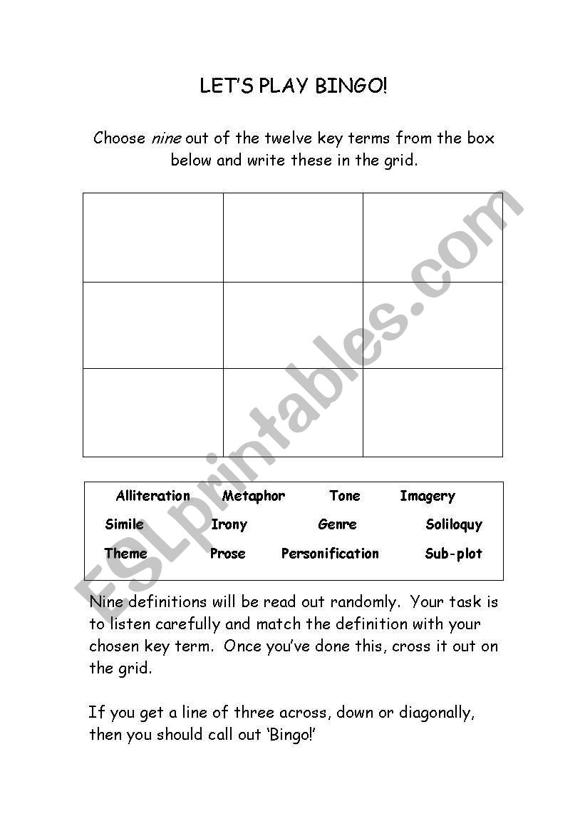 literary terms bingo worksheet