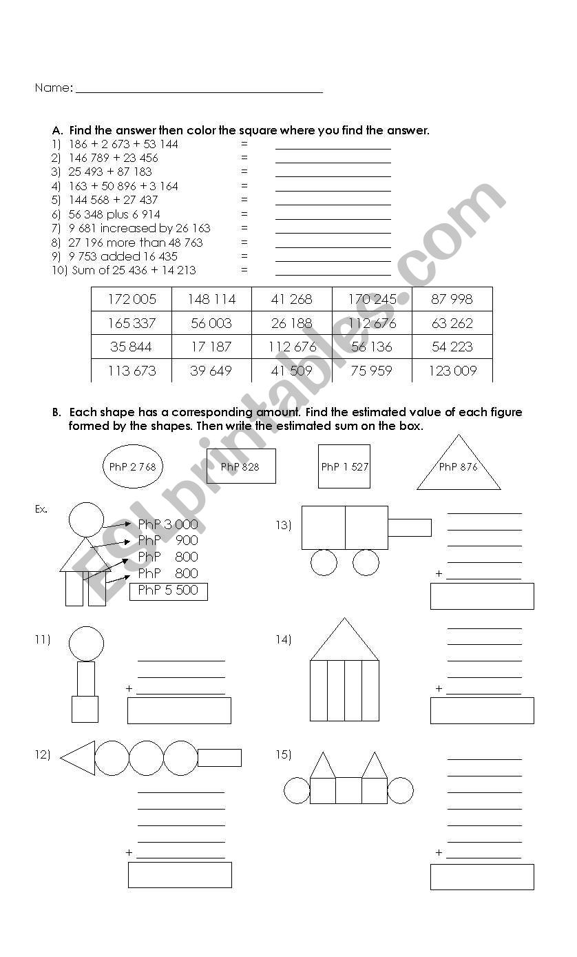 English Worksheets Addition Of Whole Numbers And Estimating Sums