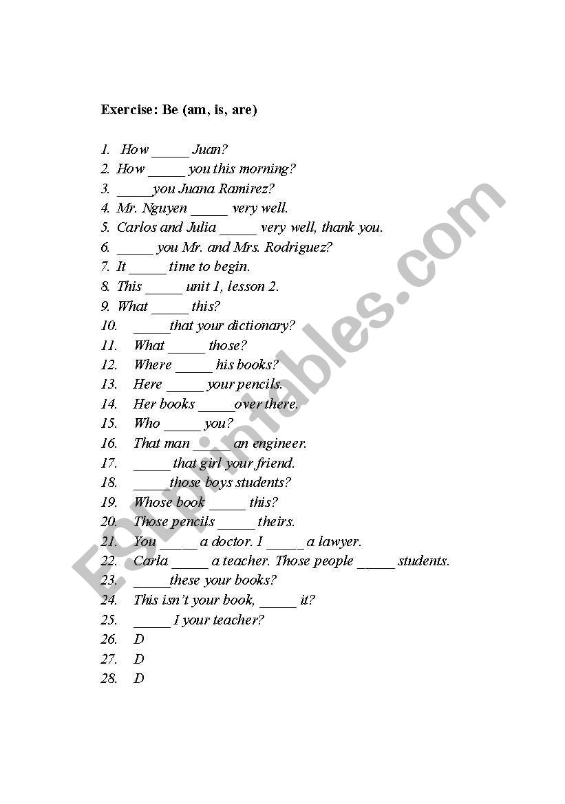 Verb to be exercise worksheet