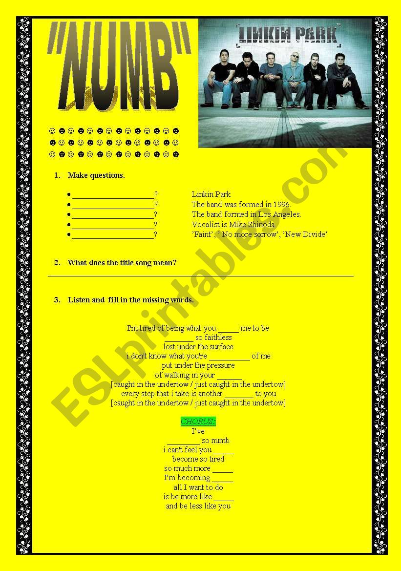 Linkin Park Â´numbÂ´ worksheet