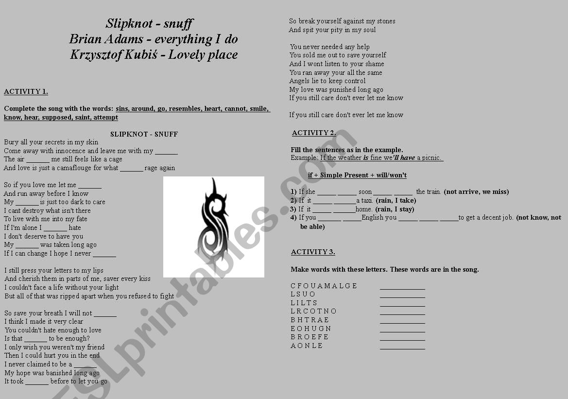 3 songs  worksheet