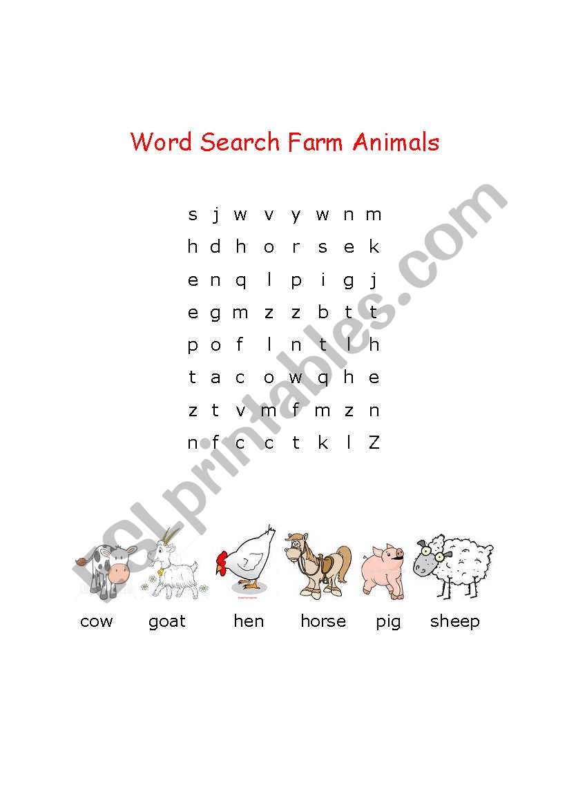 Word Search Farm Animals worksheet