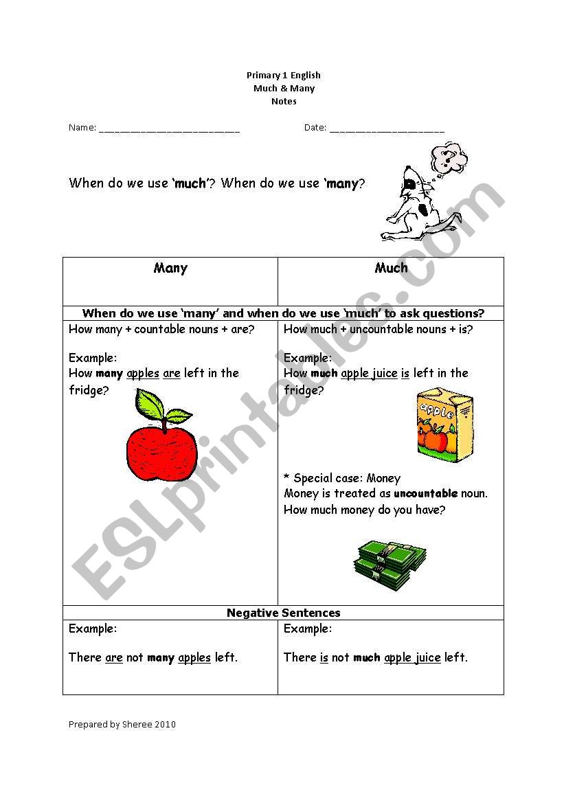 many and much worksheet