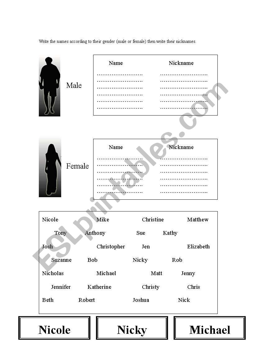 Names and Nicknames worksheet