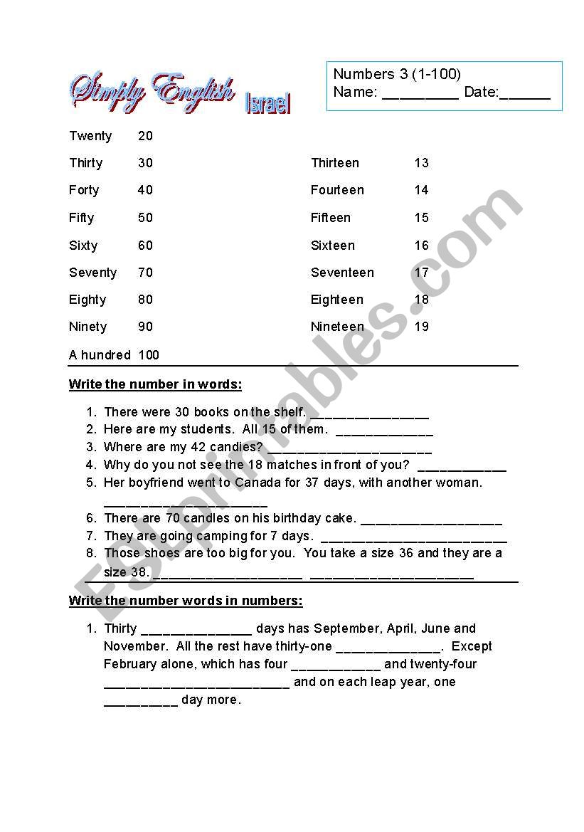 Numbers 3 1-100 worksheet