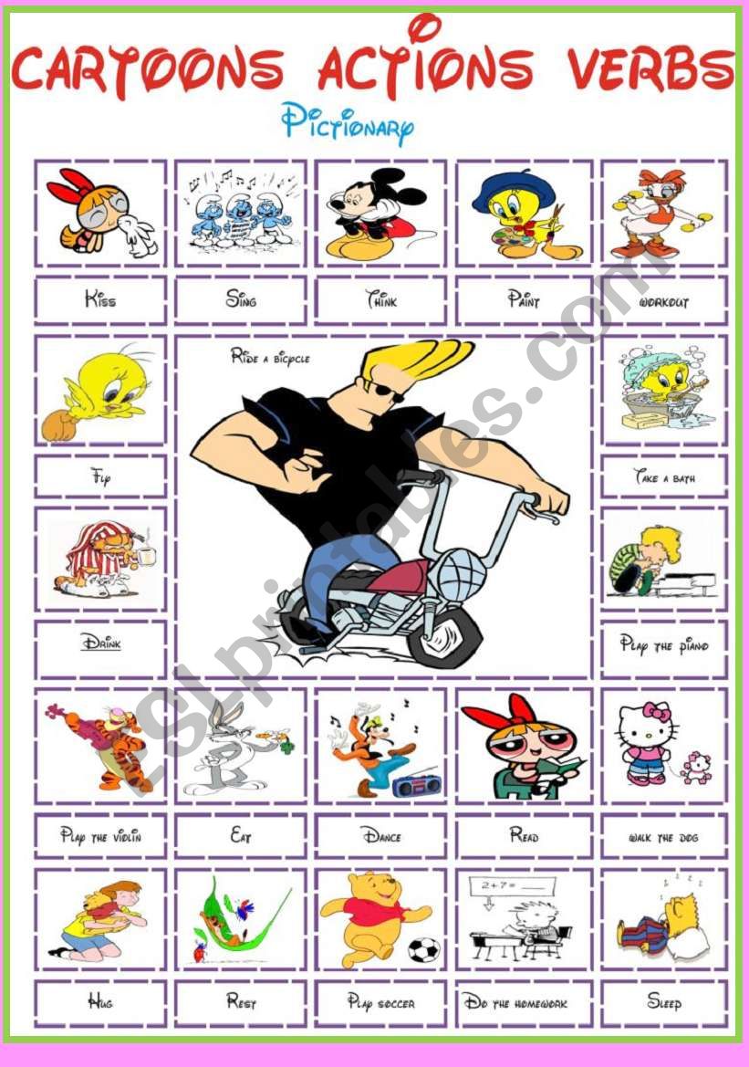 Cartoons actions verbs worksheet