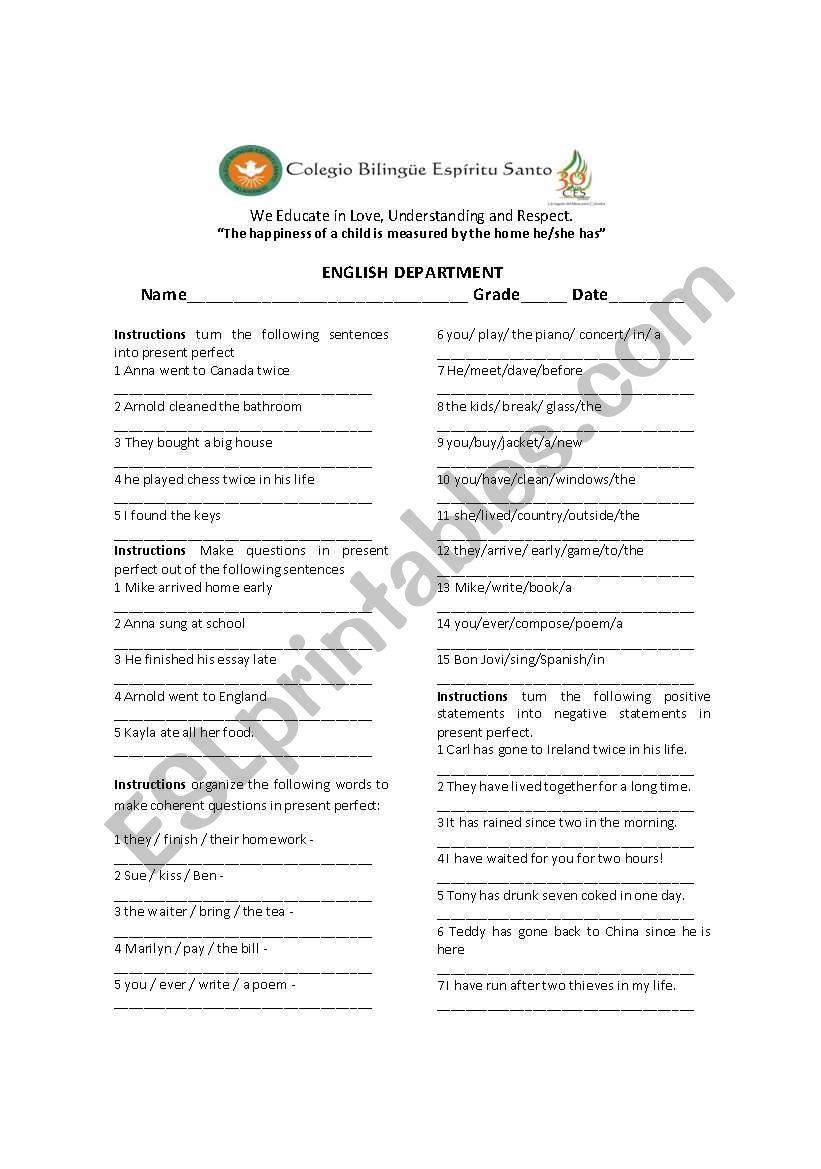 Present perfect simple negative statments and yes no questions