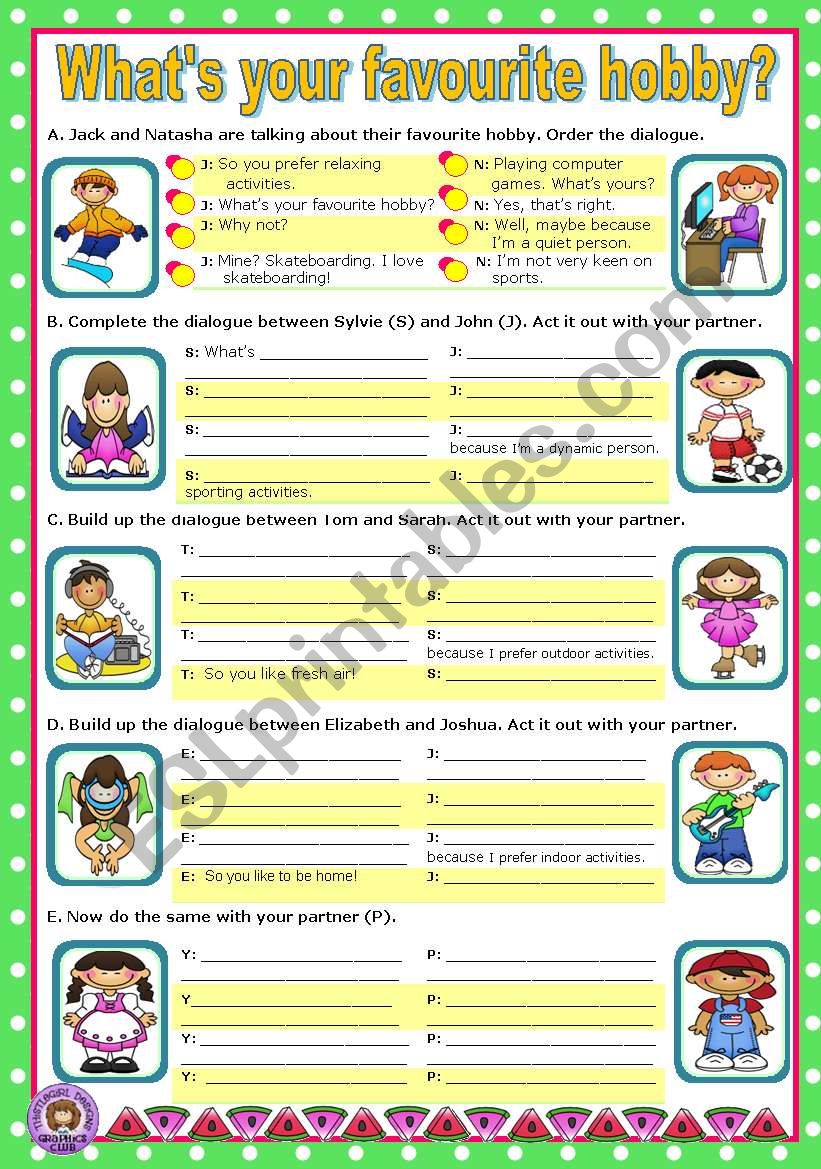 WhatÂ´s your favourite hobby?  -  Short dialogues to act out.