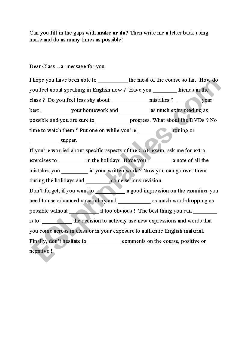 make or do?  A letter to the class to practice using expressions with make and do