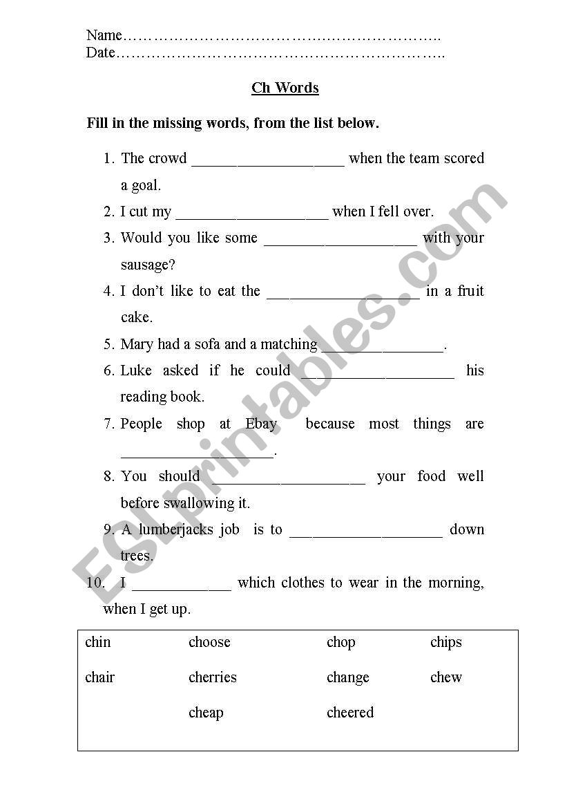 ch words worksheet