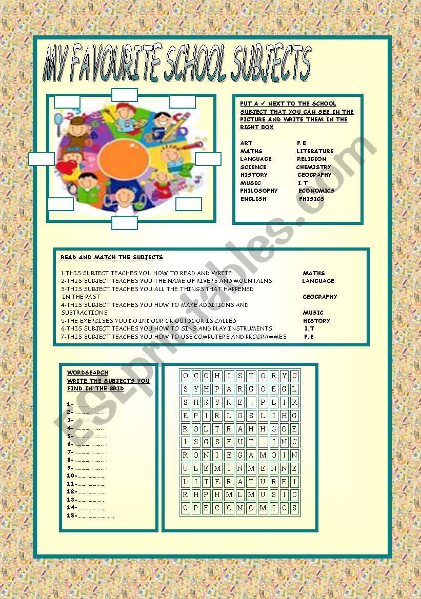 MY FAVOURITE SCHOOL SUBJECTS worksheet