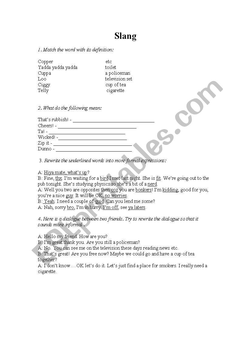 slang, informal language worksheet