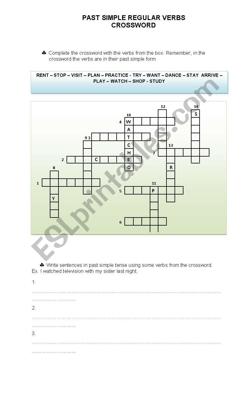 REGULAR PAST VERBS CROSSWORD worksheet