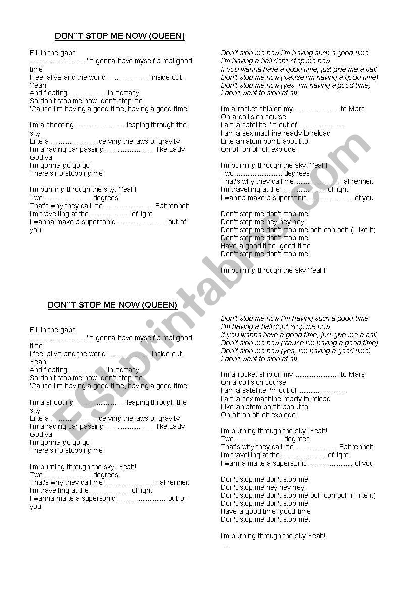 Dont stop me now by QUEEN worksheet