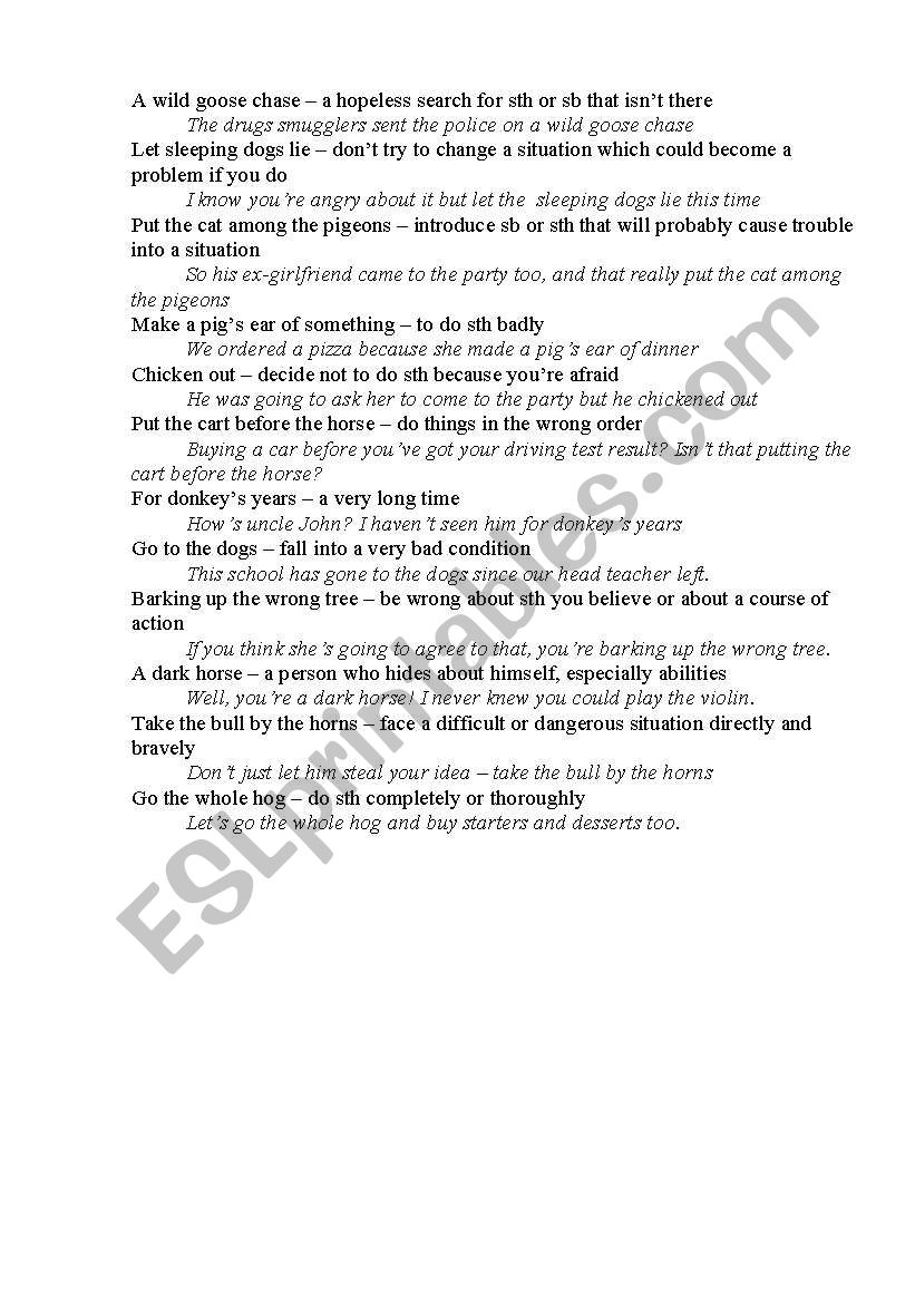 Ideoms worksheet